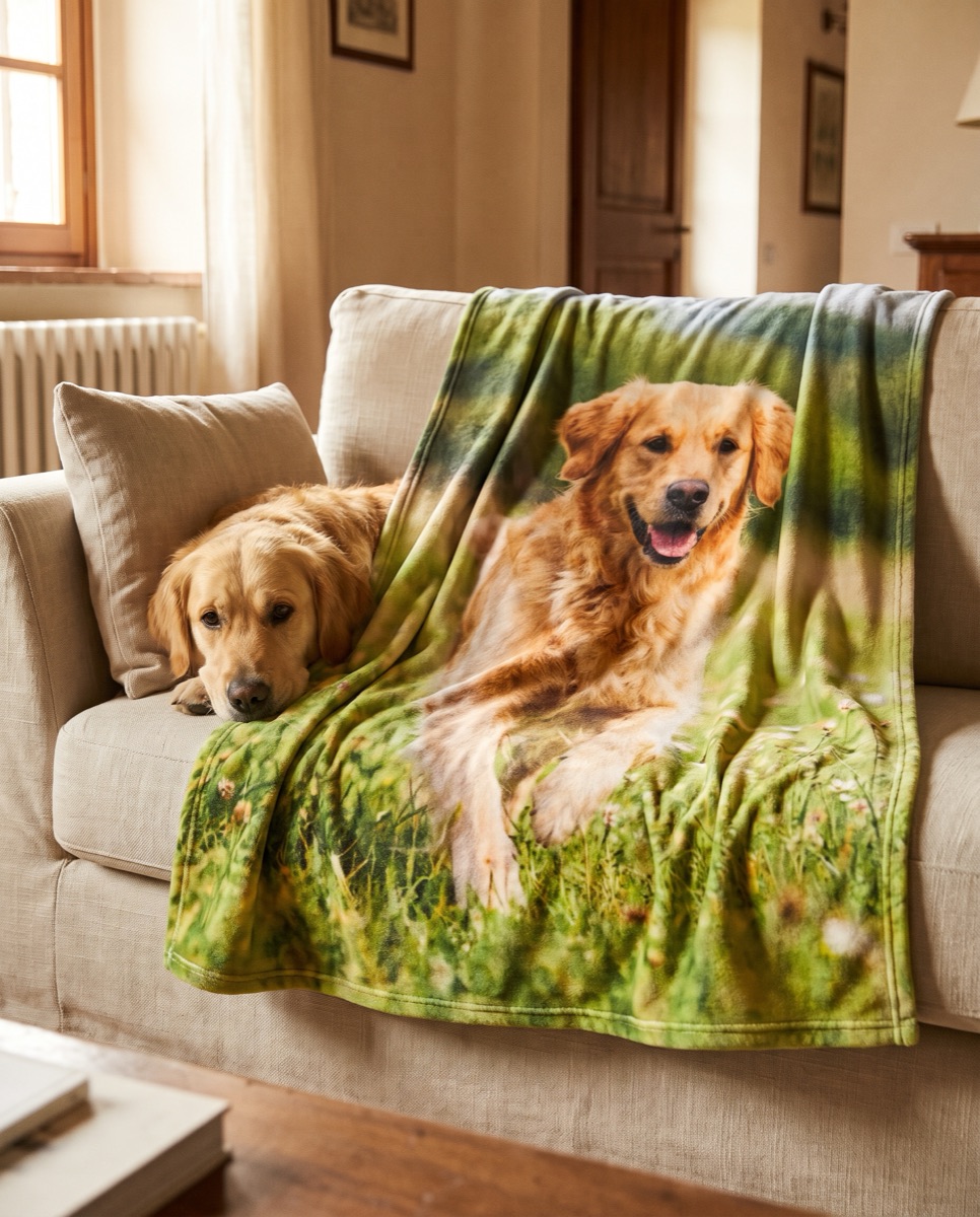 Un cane sul plaid stampato con la sua foto
