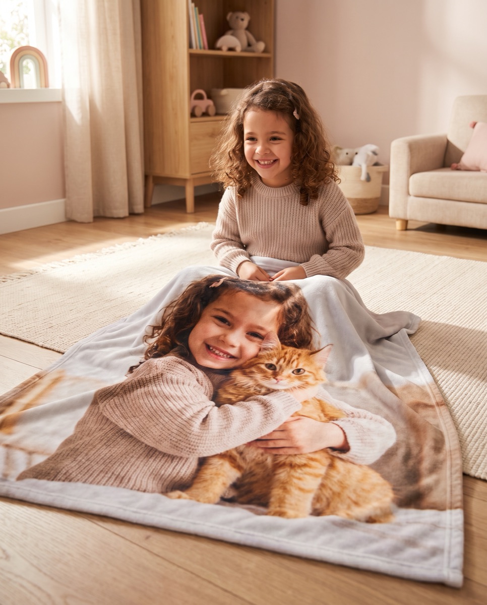 Una bambina col plaid della sua foto col gatto