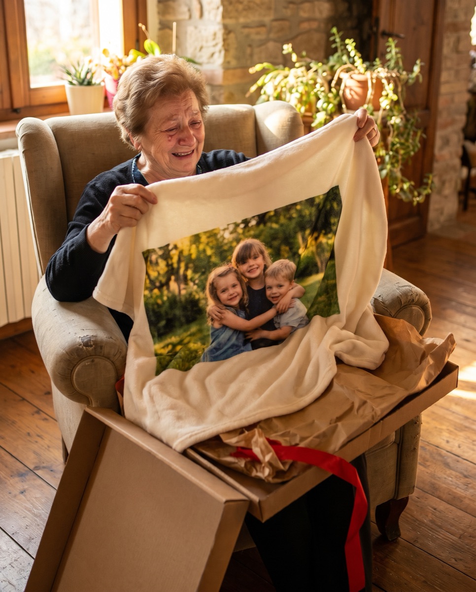 Una nonna apre il plaid con la foto dei nipoti